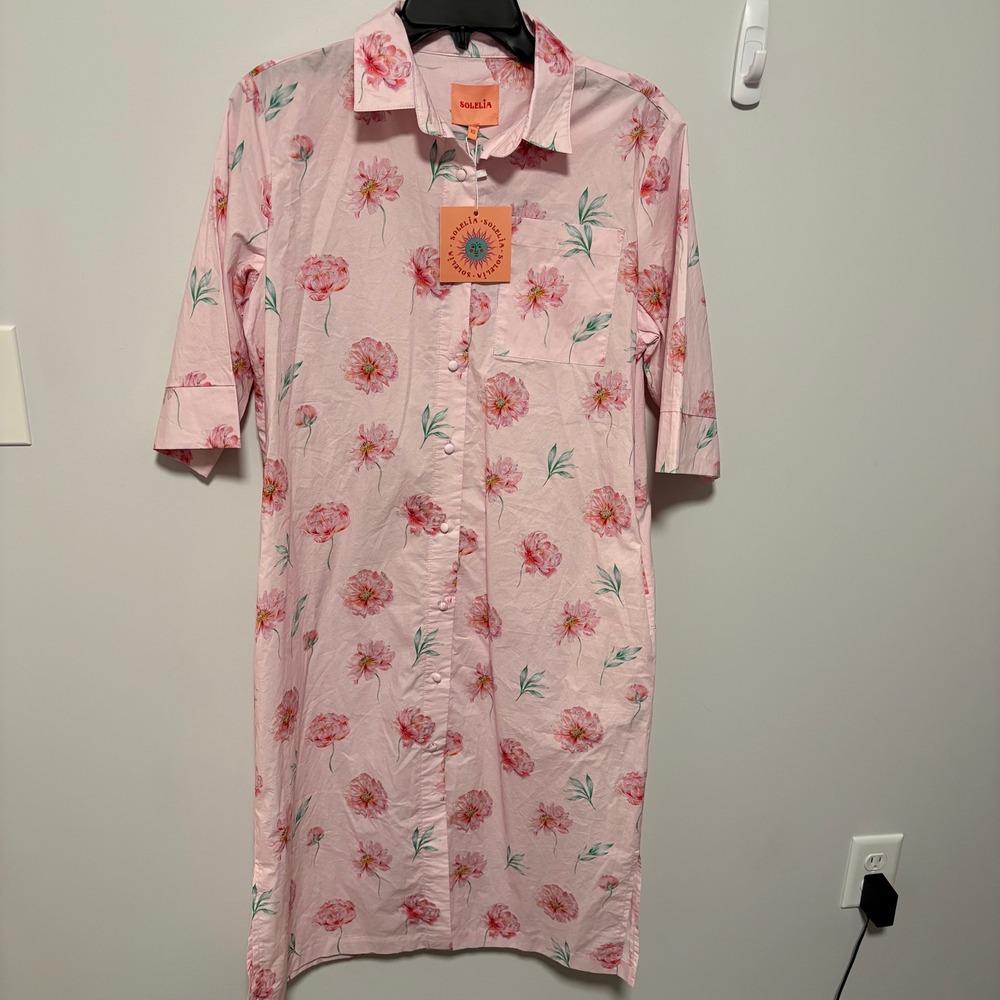 Solelia Floral Peony Button Down Shirt Dress Womens Pink size XS Pockets Cotton